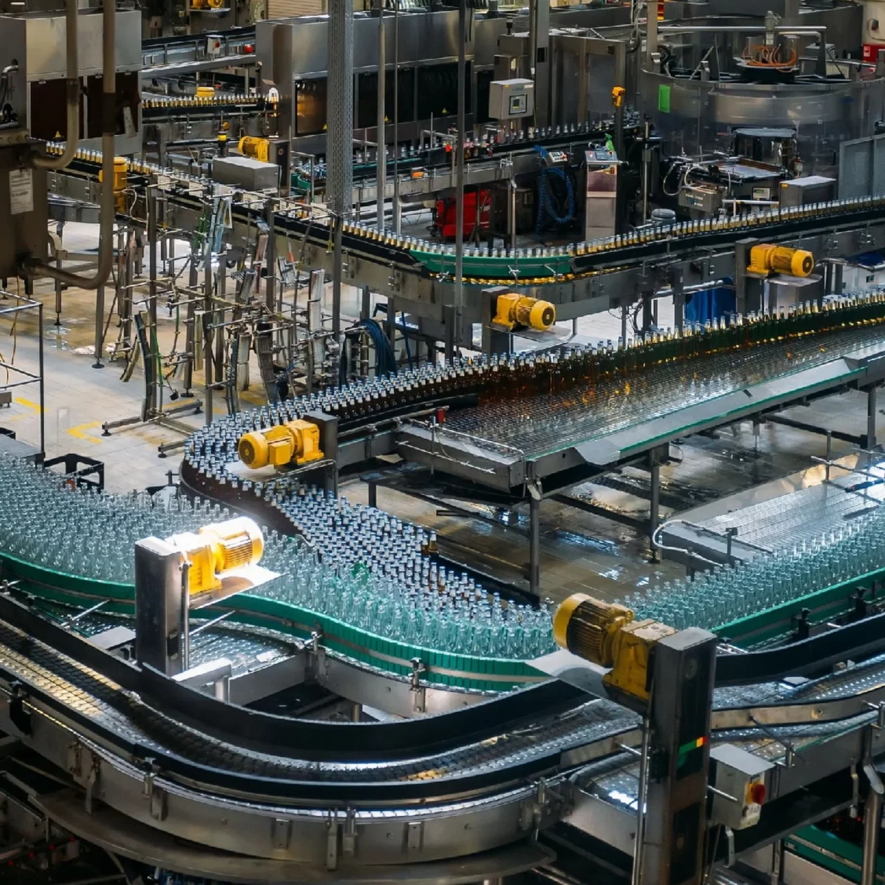 glass bottles arranged and being moved along the conveyor belt in the factory